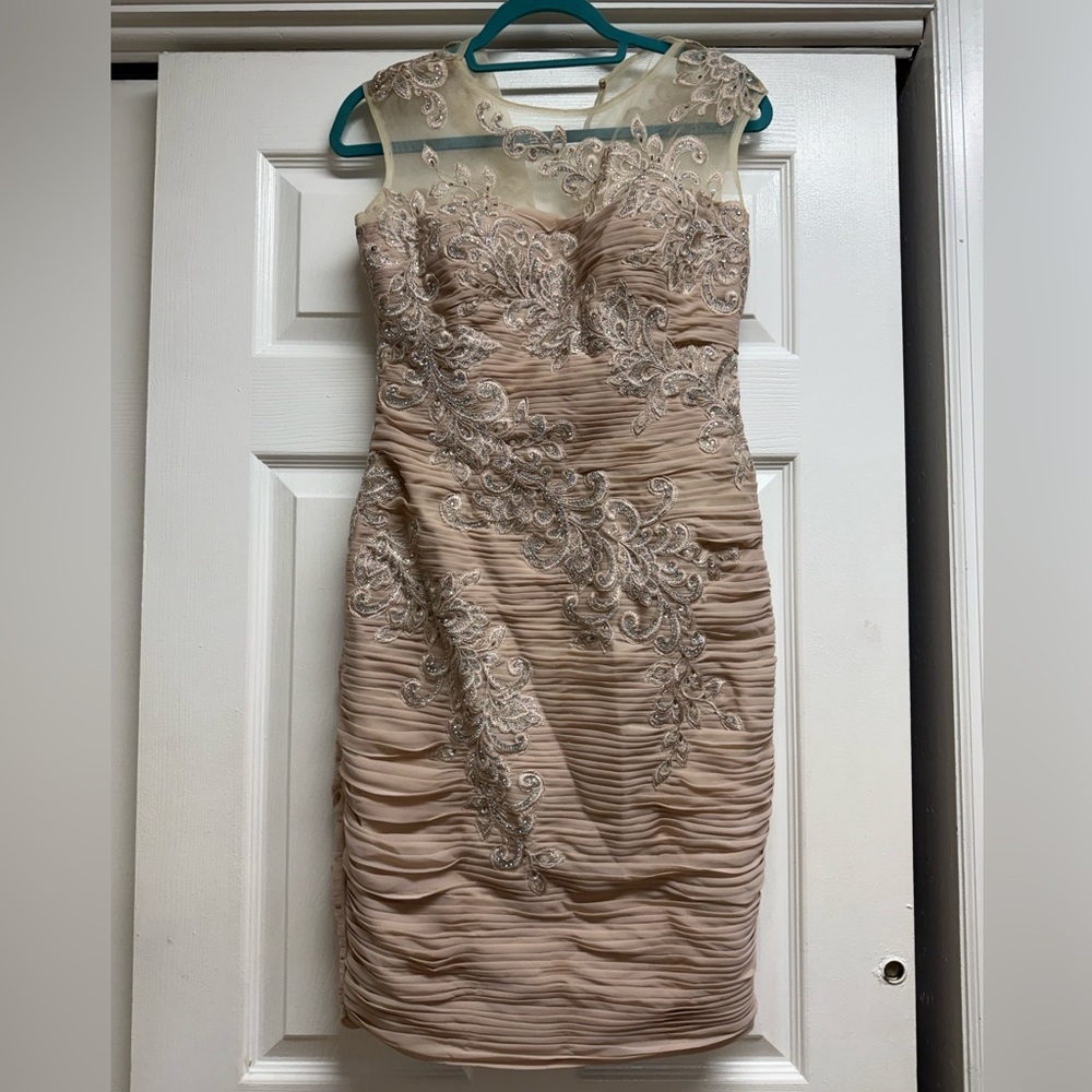 Mon Cheri Strapless Ruched Dress with Lace in Beige
